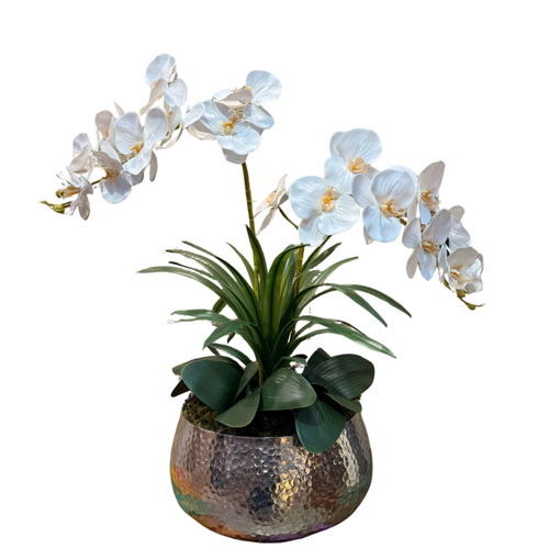 Arranjo de orquídea branca toque real com vaso de alumínio
