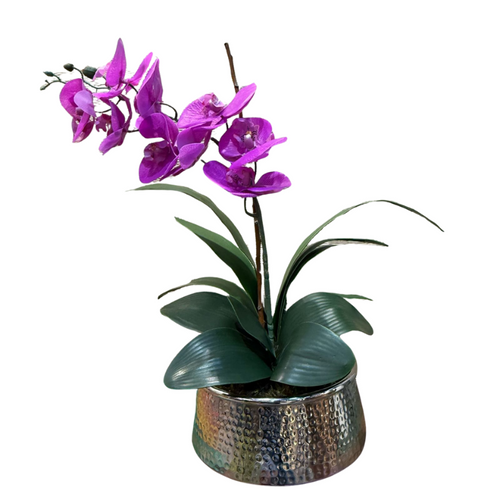 Arranjo de orquídea lilás toque real com vaso de alumínio