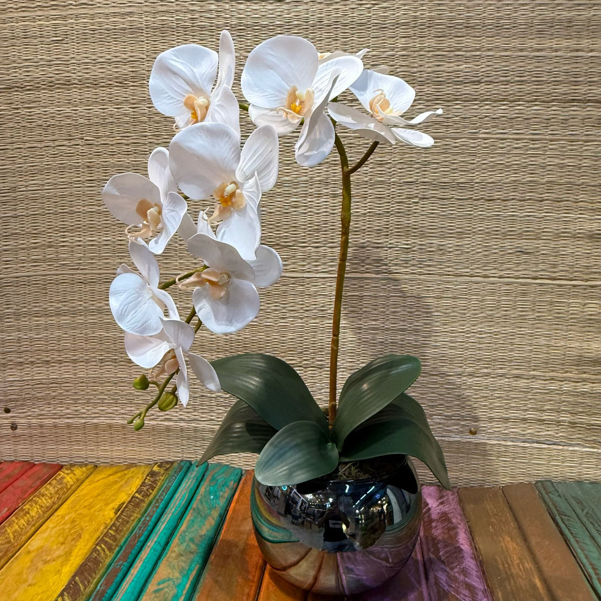 Arranjo de orquídea Toque real + vaso de vidro espelhado